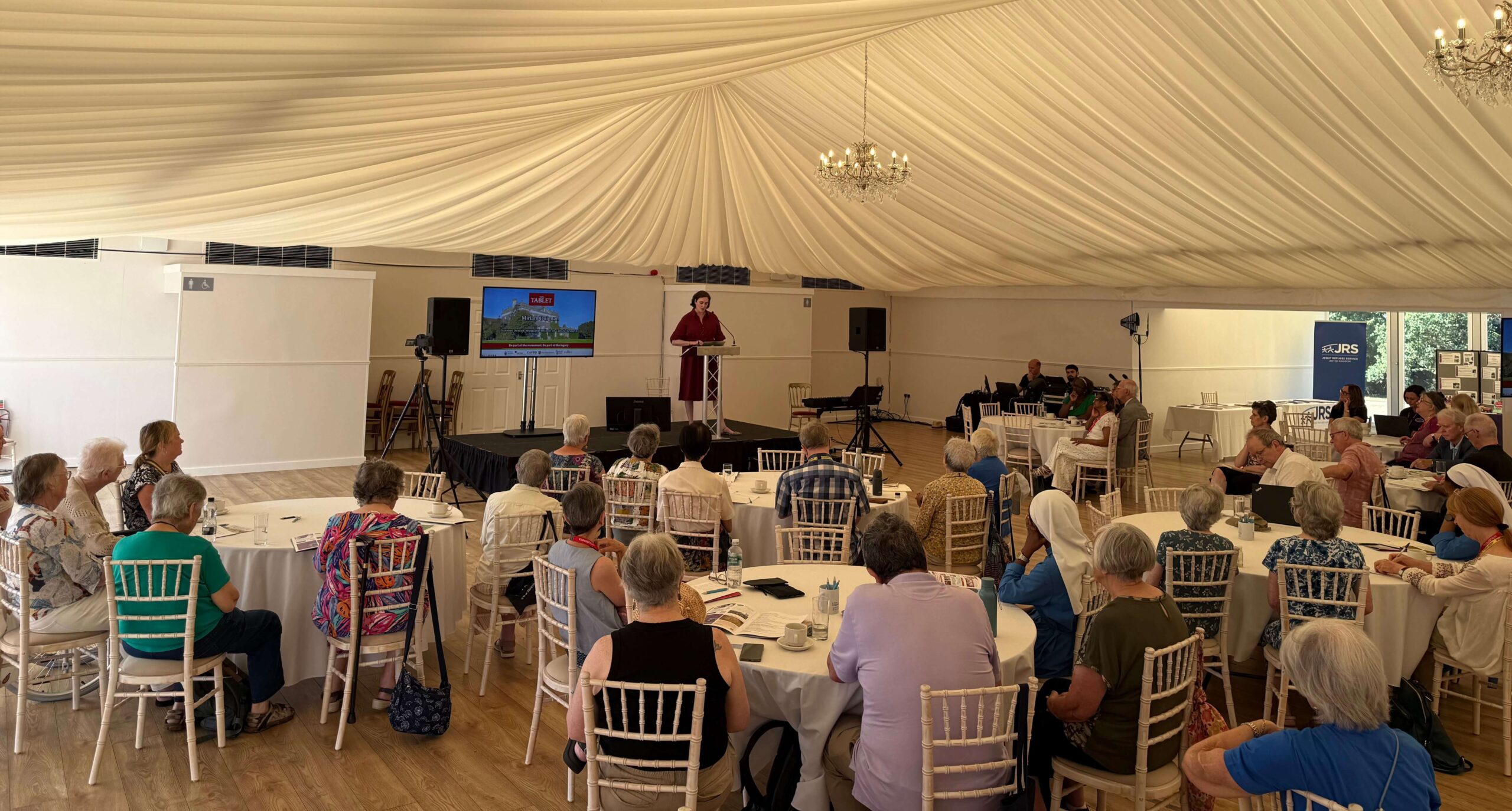 Miriam Duignan giving her keynote speech at The Tablet's Festival in New Hall.